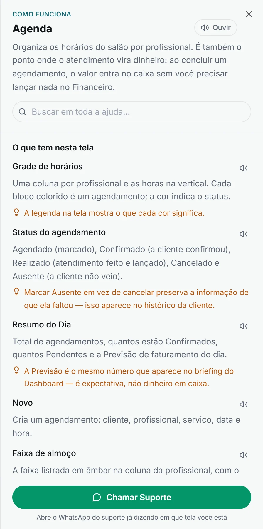 Painel de Ajuda da Agenda