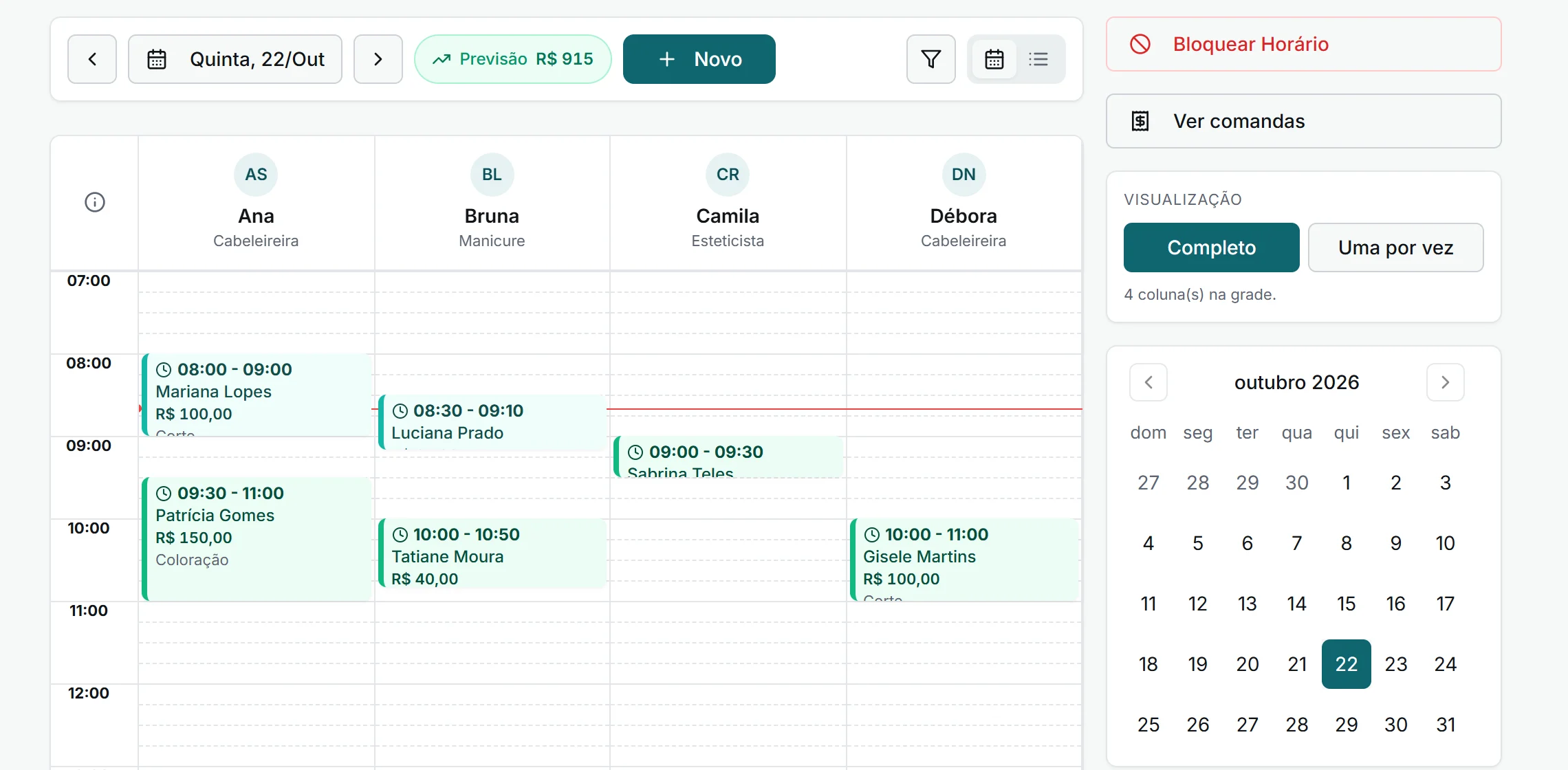 Agenda com um horário vago e o botão Novo