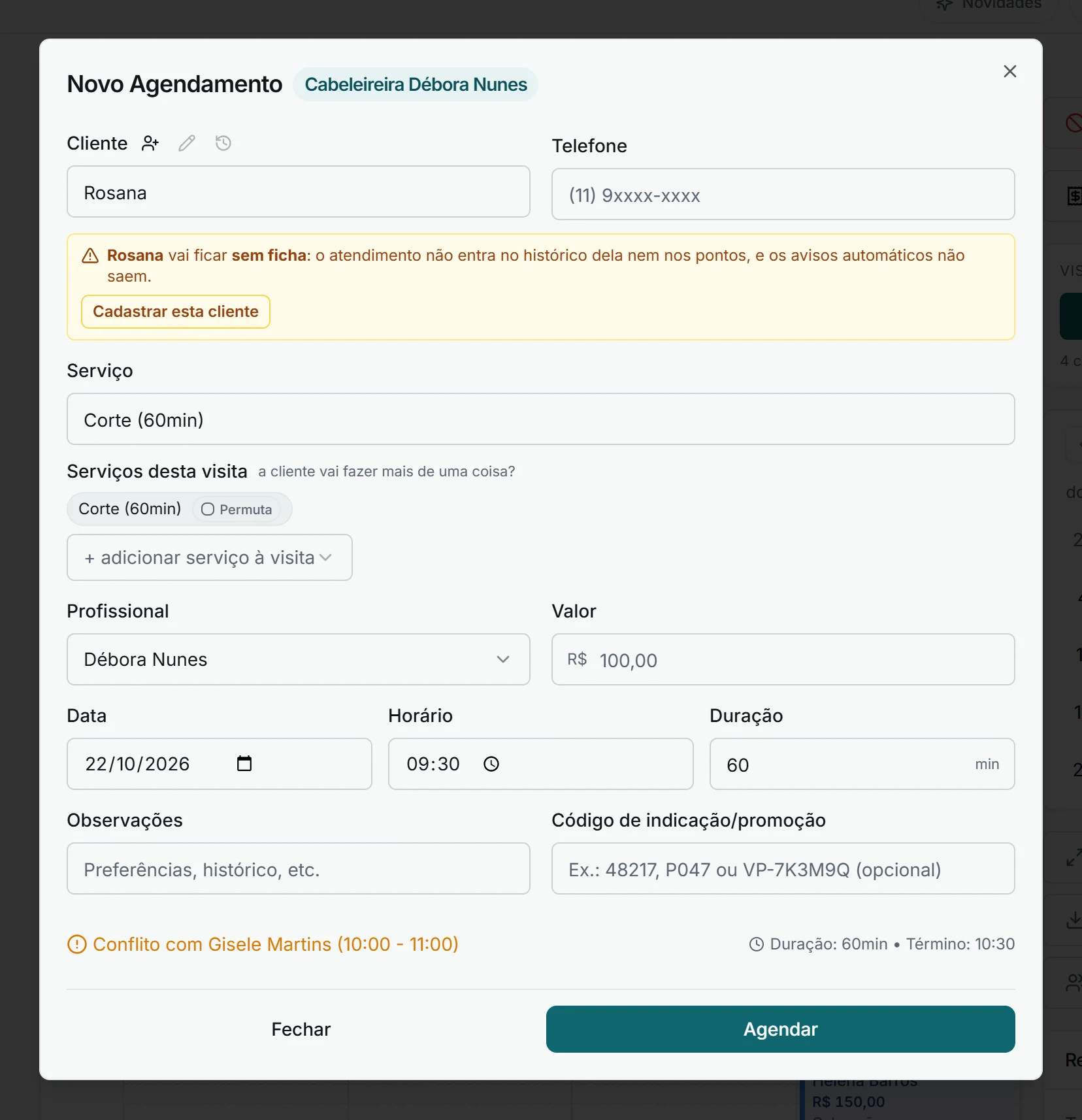 Formulário com aviso de cliente sem ficha e de conflito