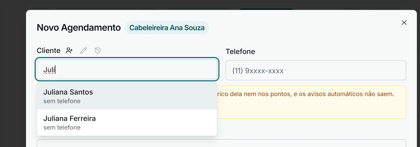 Busca de cliente no agendamento