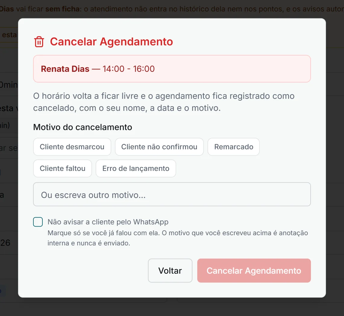 Cancelar agendamento com motivo